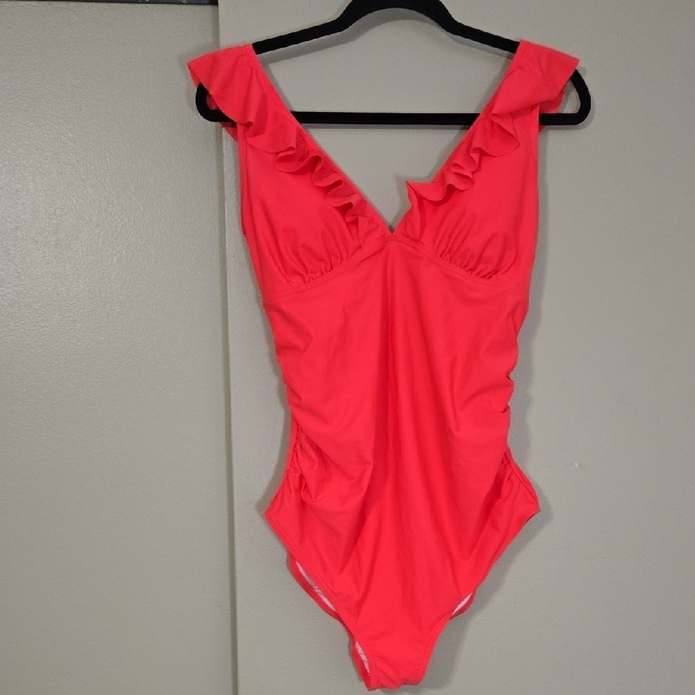 SummerMae Ruffled V-Neck Swimsuit in Bright Coral SIZE L NWT